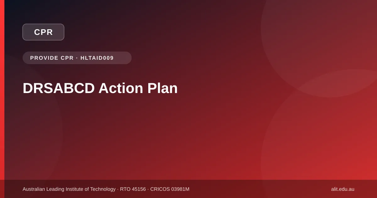 DRSABCD action plan infographic heading: Danger, Response, Send for help, Airway, Breathing, CPR, Defibrillation