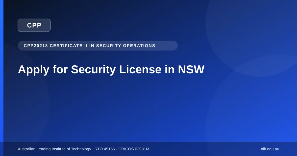 Typographic badge design showing security license application pathway in NSW